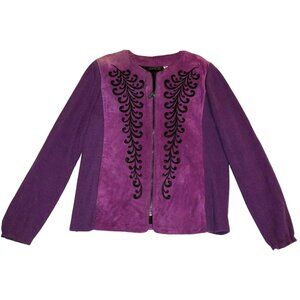 Bob Mackie Suede Jacket Sz S Purple Embroidered Knit Sleeves Wearable Art